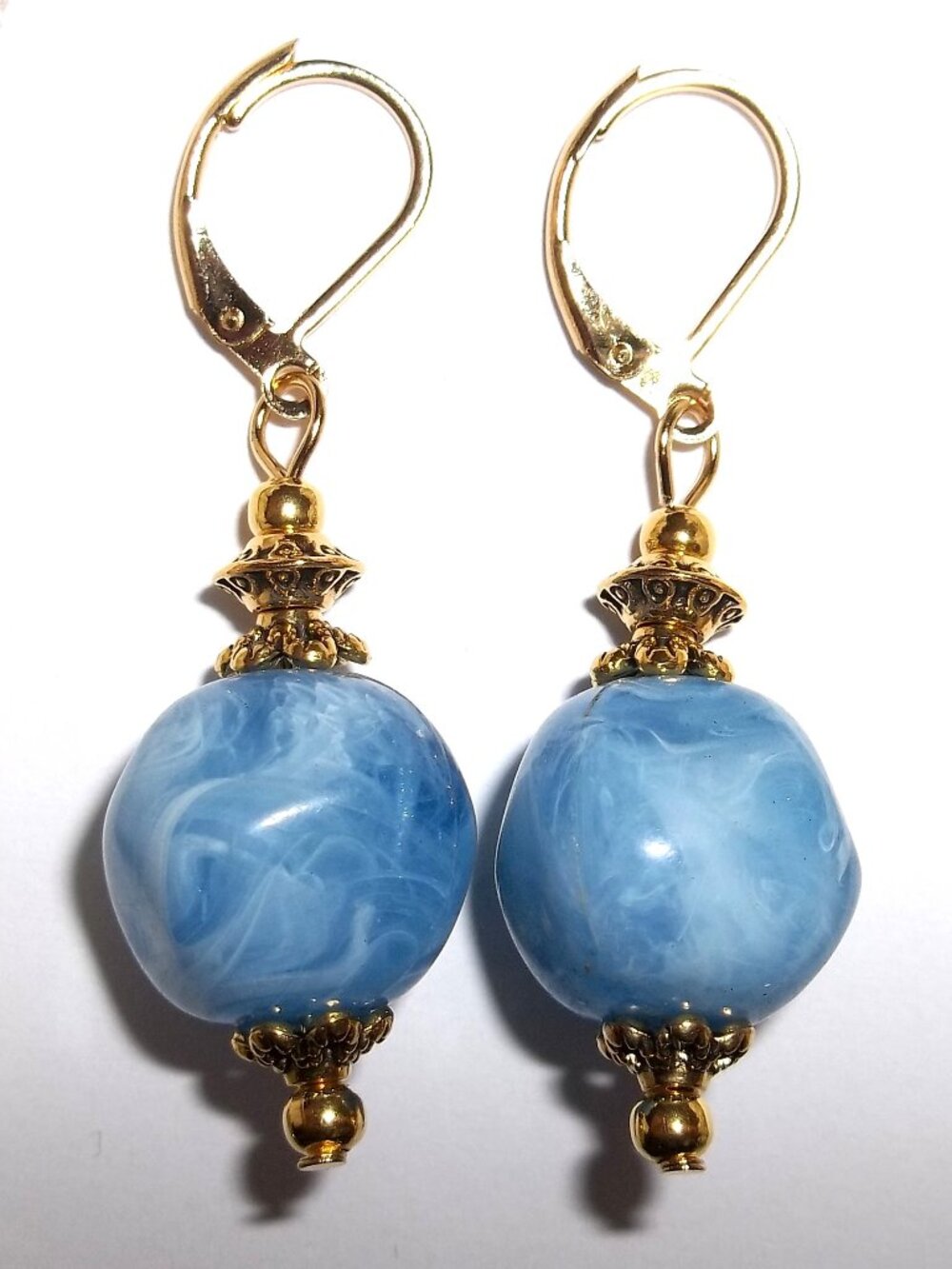 Earrings Gold and Blue Beaded Dangle Drop Pair Jewelry Fashion Accessory D884